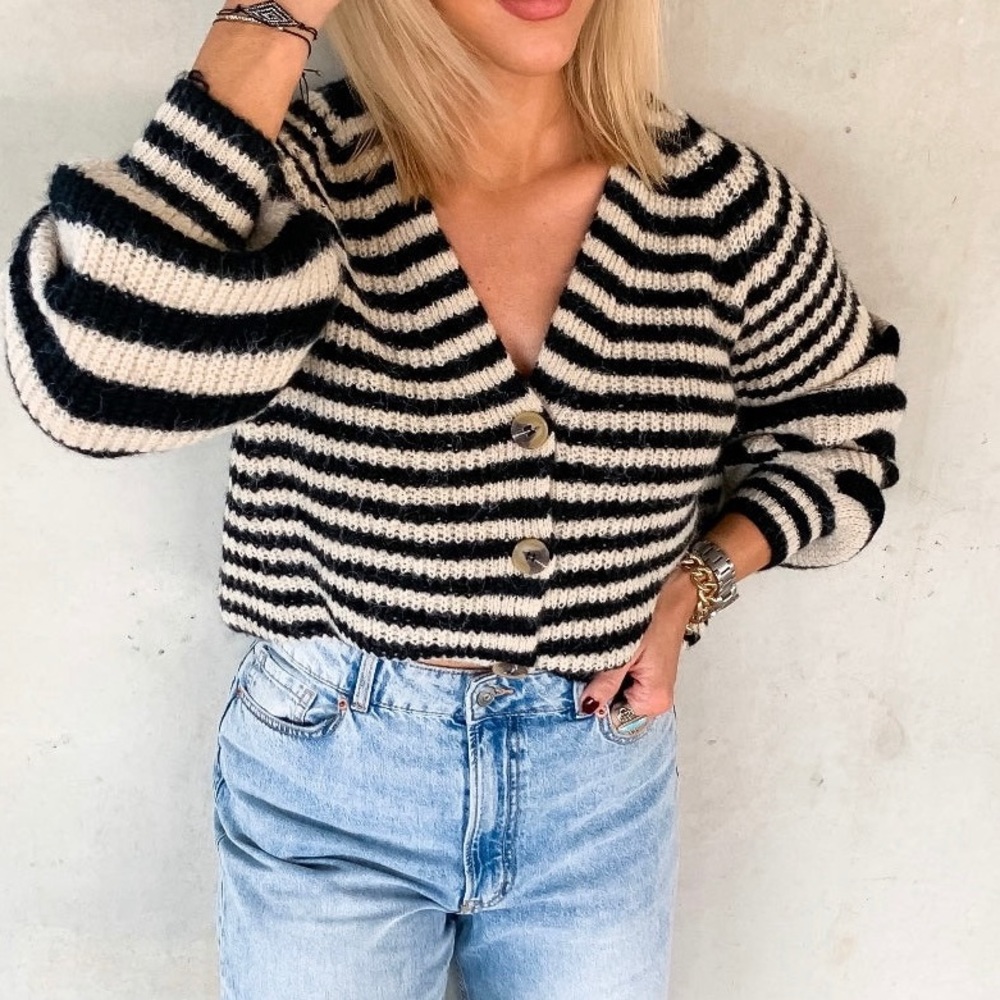 Brushed Balloon Sleeve Striped Cardigan - Tan and Black